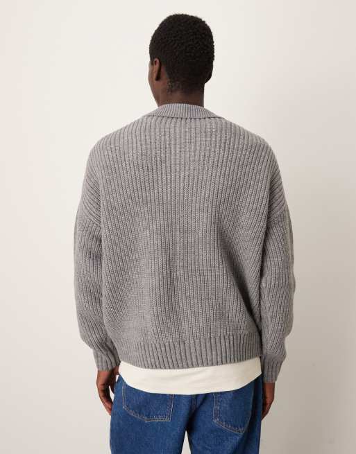 ASOS DESIGN - Cardigan pesante oversize squadrato in maglia misto lana grigio mélange, 3 di 5