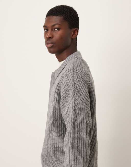 ASOS DESIGN - Cardigan pesante oversize squadrato in maglia misto lana grigio mélange, 4 di 5
