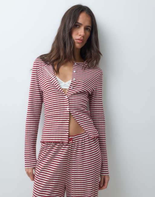 ASOS DESIGN - Pyjama en maille pointelle à rayures - Bordeaux et blanc cassé, 2 de 3