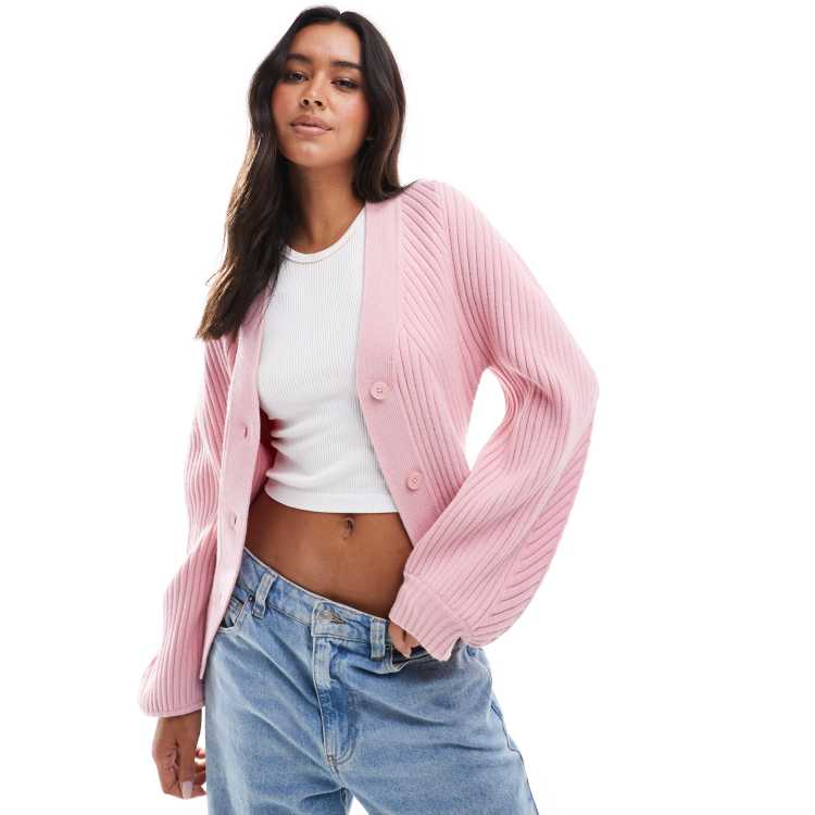 Cardigan Lungo Donna Generisch A Coste - Maglione Aperto Con Tasche, Maniche Lunghe, Morbido, Colore Rosa, Taglia M