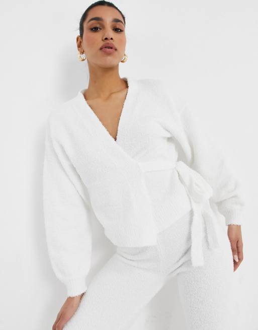 ASOS DESIGN cardigan set with tie detail in soft boucle yarn in cream