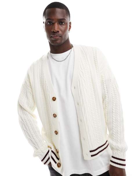 ASOS DESIGN - Cardigan squadrato comodo in maglia lavorata a trecce color crema con profili bordeaux - view 1