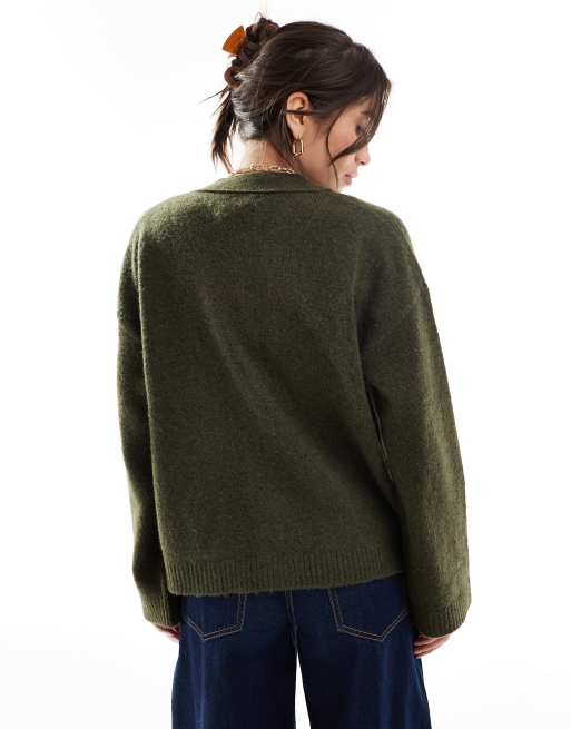 ASOS DESIGN - Cardigan squadrato kaki con scollo a V e tasche, 3 di 4