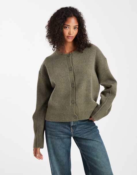ASOS DESIGN - Cardigan squadrato kaki girocollo con spacchi laterali - view 1