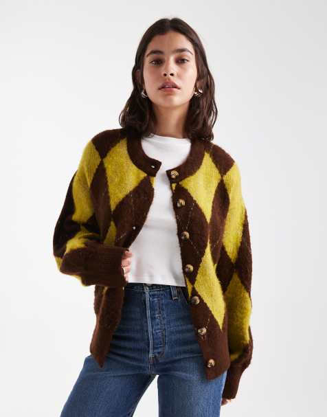 ASOS DESIGN - Cardigan squadrato oversize a losanghe color cioccolato e oliva - view 1