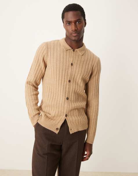 ASOS DESIGN - Cardigan standard in maglia a coste color pietra con colletto - view 1