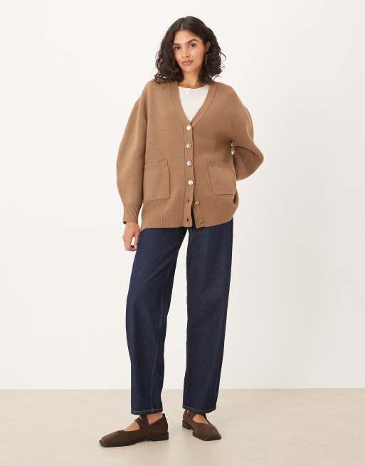 ASOS DESIGN - Cardigan stile boyfriend oversize in filato strutturato color mocha