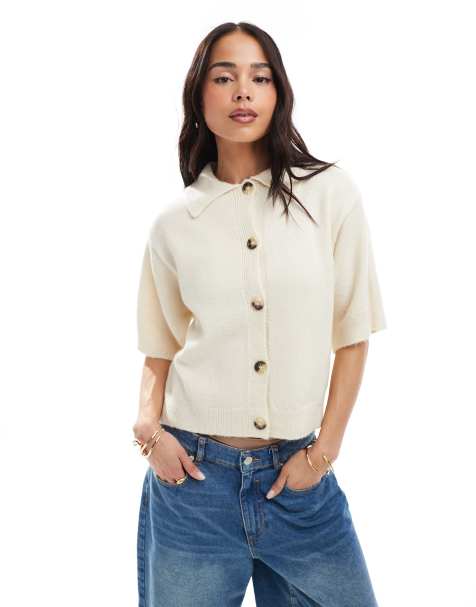ASOS DESIGN - Cardigan stile camicia a maniche corte in maglia color crema - view 1