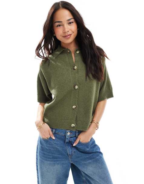 ASOS DESIGN - Cardigan stile camicia a maniche corte in maglia color kaki - view 1