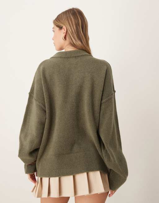 ASOS DESIGN - Cardigan stile camicia con colletto in maglia kaki con cuciture, 3 di 4