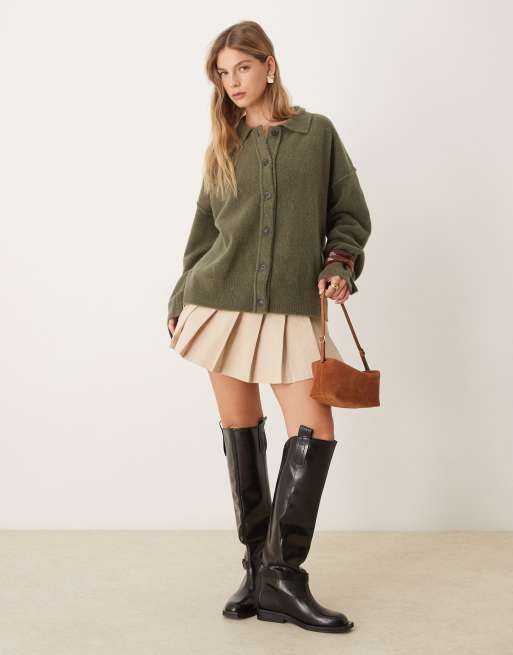 ASOS DESIGN - Cardigan stile camicia con colletto in maglia kaki con cuciture, 4 di 4