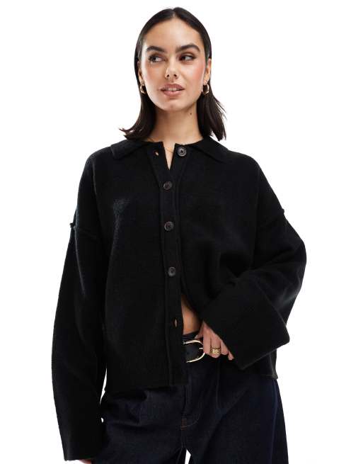 ASOS DESIGN - Cardigan stile camicia con colletto in maglia nero con cuciture