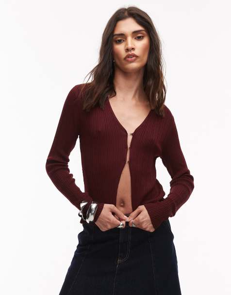 ASOS DESIGN - Cardigan stile polo in maglia color vino con bottoni - view 1