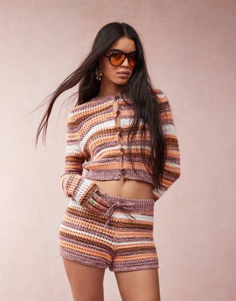 ASOS DESIGN - Cardigan taglio corto in maglia all'uncinetto a righe multicolore in coordinato - view 1