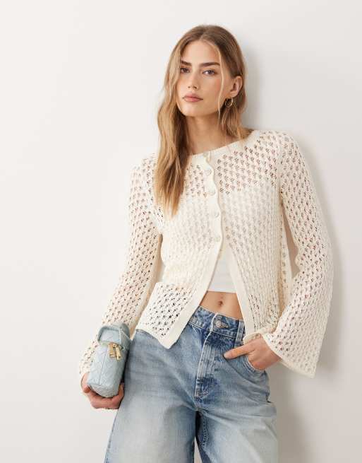 ASOS DESIGN - Cardigan taglio lungo in maglia all'uncinetto écru
