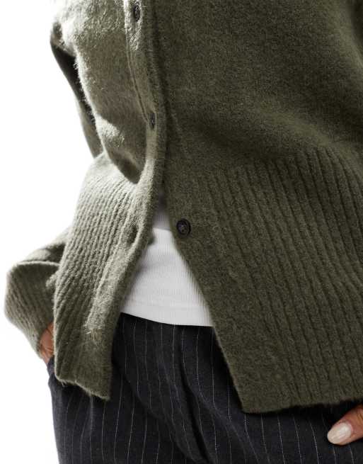 ASOS DESIGN - Cardigan taglio lungo kaki con bordi a coste, 3 di 4