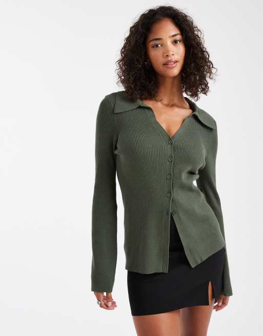ASOS DESIGN - Cardigan taglio lungo kaki con colletto