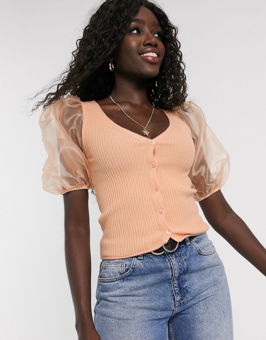 ASOS DESIGN cardigan top with organza sleeve-Pink