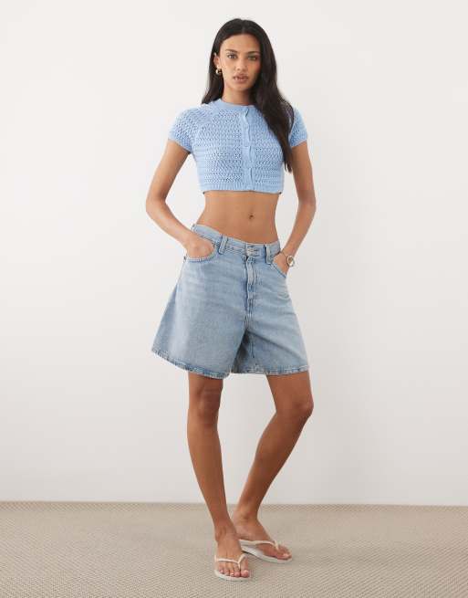 ASOS DESIGN - Cardigan ultra corto in maglia all'uncinetto blu, 2 di 4