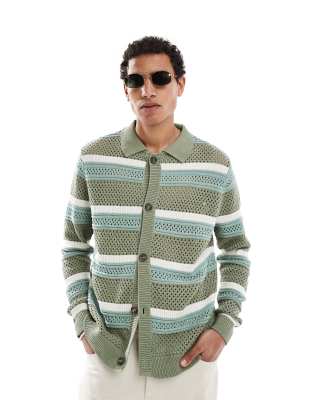 FhyzicsShops DESIGN - Cardigan verde e bianco a righe in maglia traforata