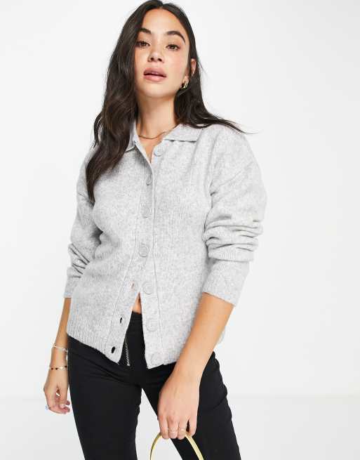 ASOS DESIGN cardigan with collar and button front in gray