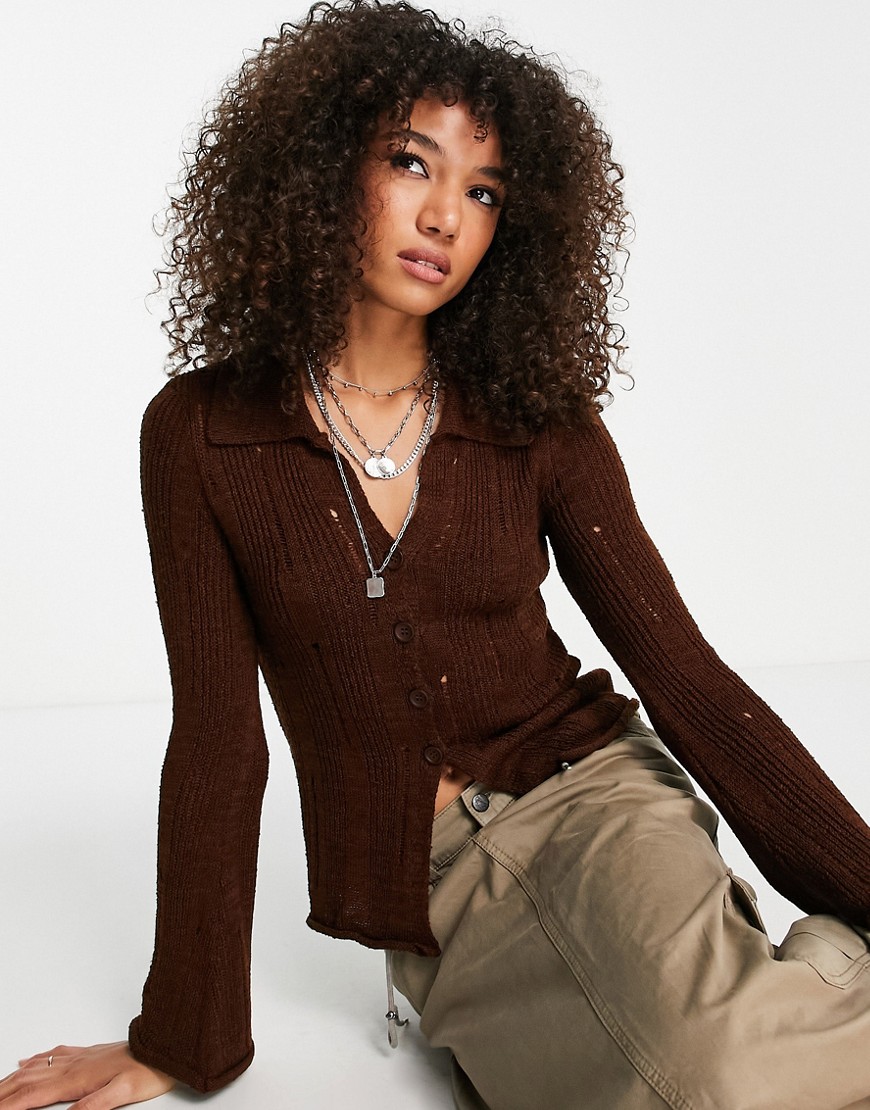 ASOS DESIGN cardigan with collar and distressed ladder stitch in brown