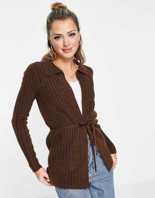 ASOS DESIGN cardigan with collar and tie detail in brown ASOS