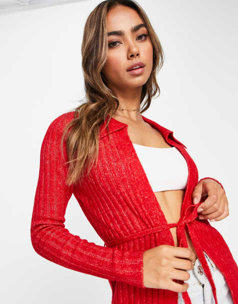 ASOS DESIGN cardigan with collar and tie detail in red - view 1