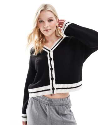 Asos Design Cardigan With Contrast Stripe Tipping In Black