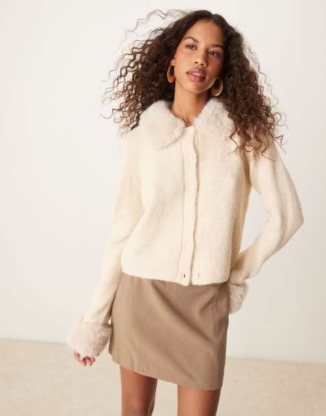 ASOS DESIGN cardigan with detachable faux fur cuff and collar in cream - view 1