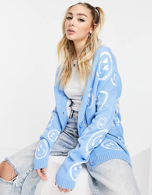 Women cardigan with face pattern in blue 