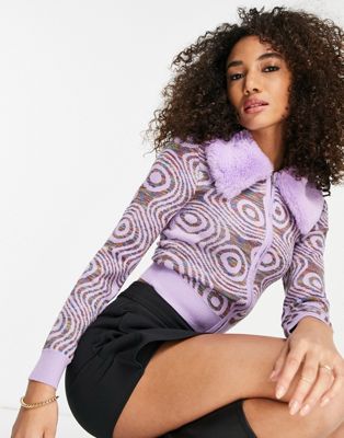 ASOS DESIGN cardigan with faux fur collar and space dye swirl pattern