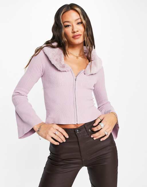 ASOS DESIGN cardigan with faux fur collar and zip through in lilac