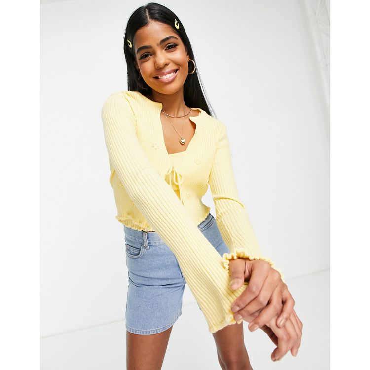 ASOS DESIGN knitted cami and cardigan set with floral stitch detail in  yellow