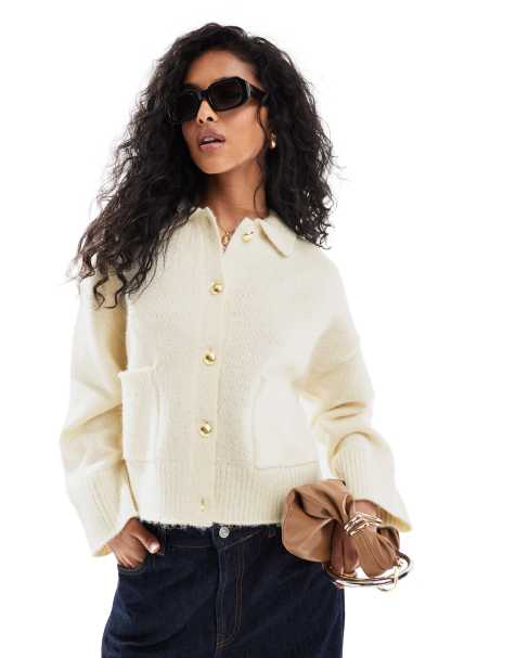 ASOS DESIGN cardigan with fly collar and pocket detail in cream