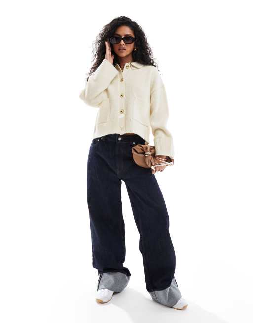 ASOS DESIGN cardigan with fly collar and pocket detail in cream