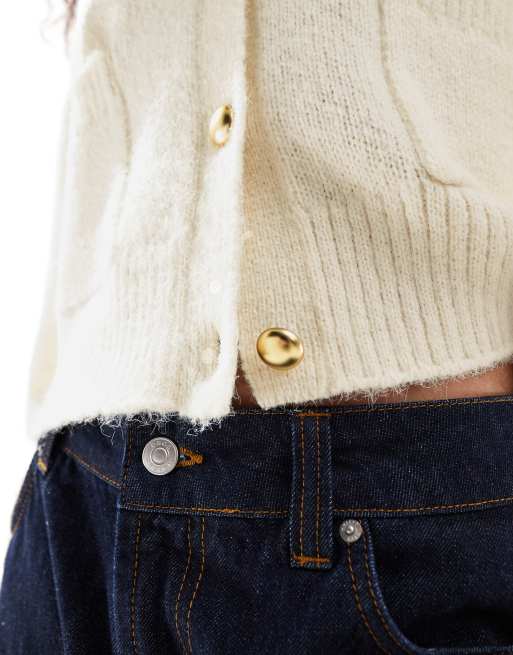 ASOS DESIGN cardigan with fly collar and pocket detail in cream