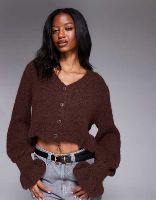 ASOS DESIGN cardigan with frill cuff in chocolate
