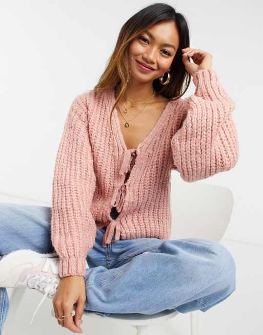 ASOS DESIGN cardigan with tie front detail in dusky pink