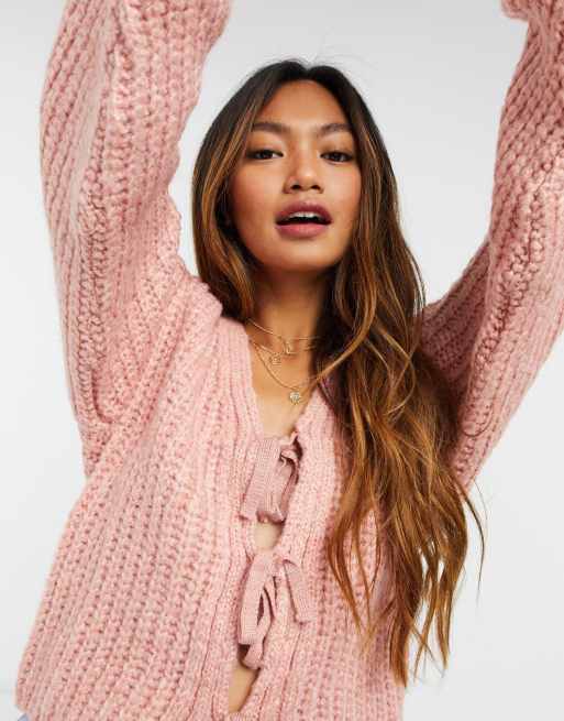 ASOS DESIGN cardigan with tie front detail in dusky pink