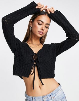 ASOS DESIGN cardigan with tie front in pointelle stitch in black
