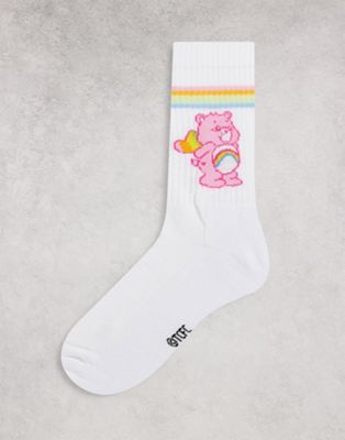 ASOS DESIGN care bear sports socks in white with multi coloured stripe