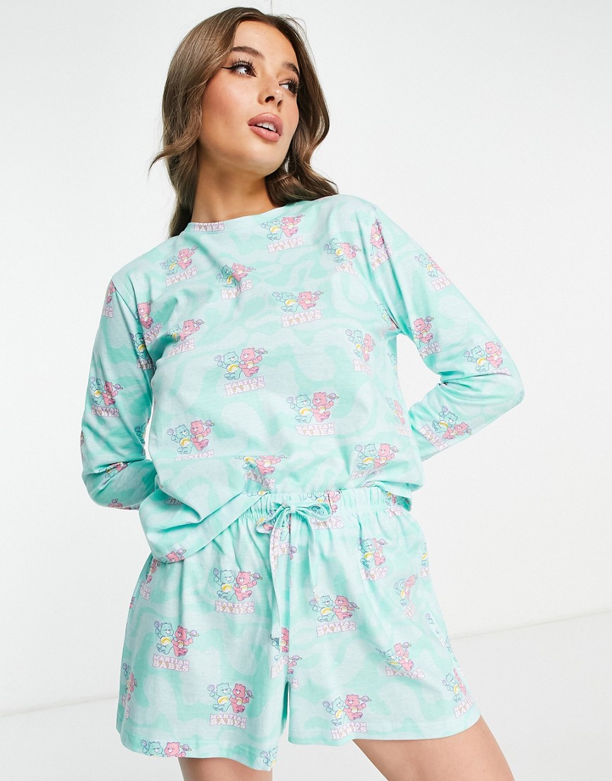 ASOS DESIGN Care Bears martian long sleeve top & short pajama set in green