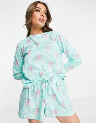 ASOS DESIGN Care Bears martian long sleeve top & short pyjama set in green | ASOS