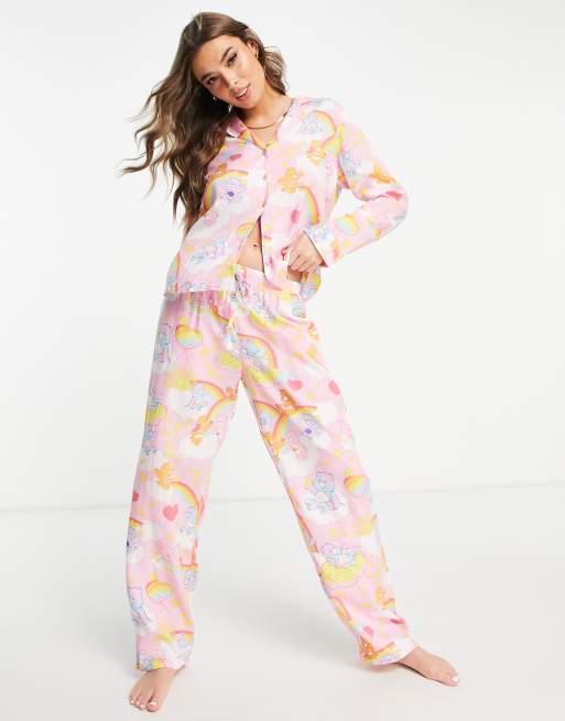 ASOS DESIGN Care Bears modal shirt & trouser pyjama set in pink