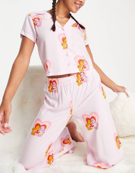 ASOS DESIGN Care Bears modal shirt & trouser pyjama set in pink