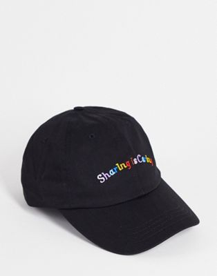 ASOS DESIGN Care Bears soft baseball cap in black with text