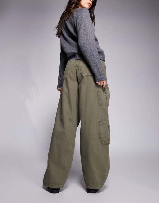 ASOS DESIGN cargo barrel leg jeans with utility pockets in khaki green