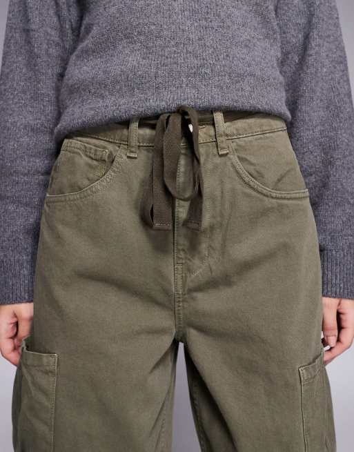 ASOS DESIGN cargo barrel leg jeans with utility pockets in khaki green