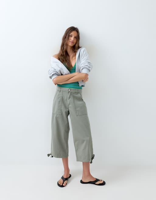 ASOS DESIGN cargo longer short with pocket and tie detail in khaki, 5 of 5